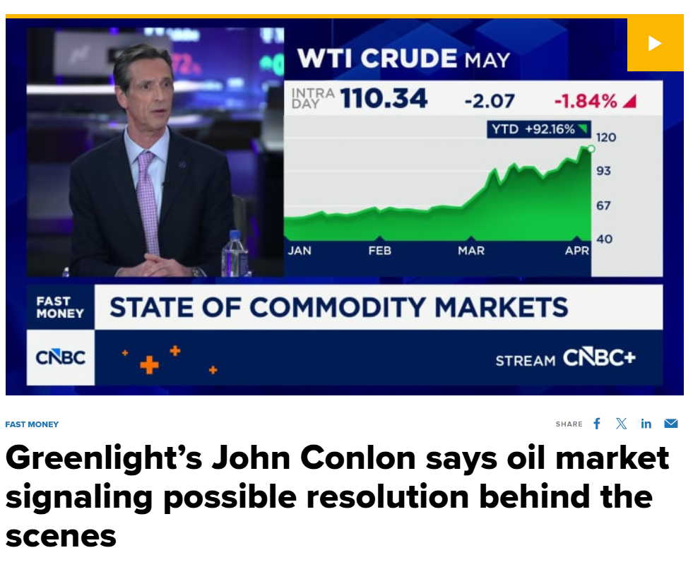 John Conlon on CNBC Fast Money discussing the State of Commodity Markets with WTI Crude chart