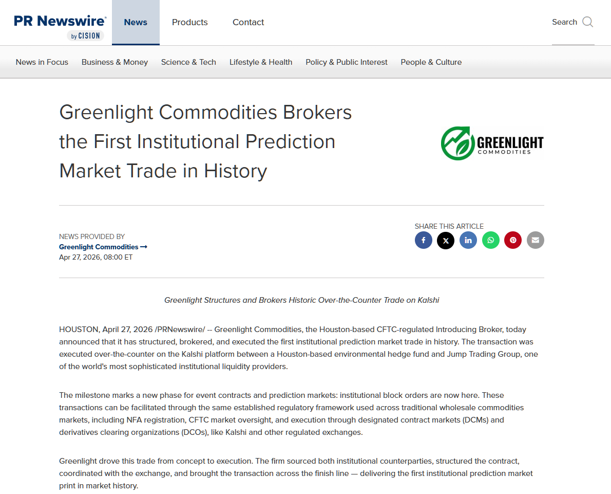 PR Newswire article: Greenlight Commodities Brokers the First Institutional Prediction Market Trade in History