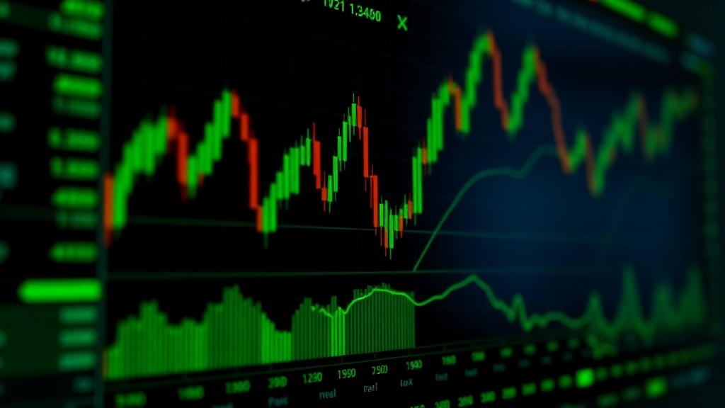 Trading terminal with candlestick charts in green